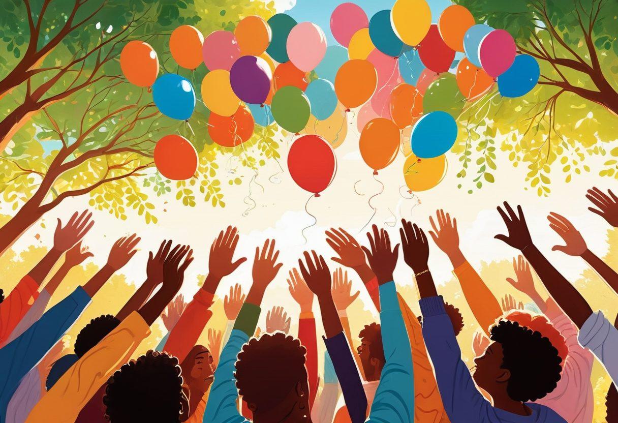 A vibrant illustration of diverse people connecting in a supportive network, with elements symbolizing joy and resilience, such as colorful balloons, trees representing growth, and hands reaching out to each other. Integrate a backdrop of a sunny sky to reflect positivity and hope. The characters should embody various emotions, demonstrating encouragement and strength. bright colors. vector art.