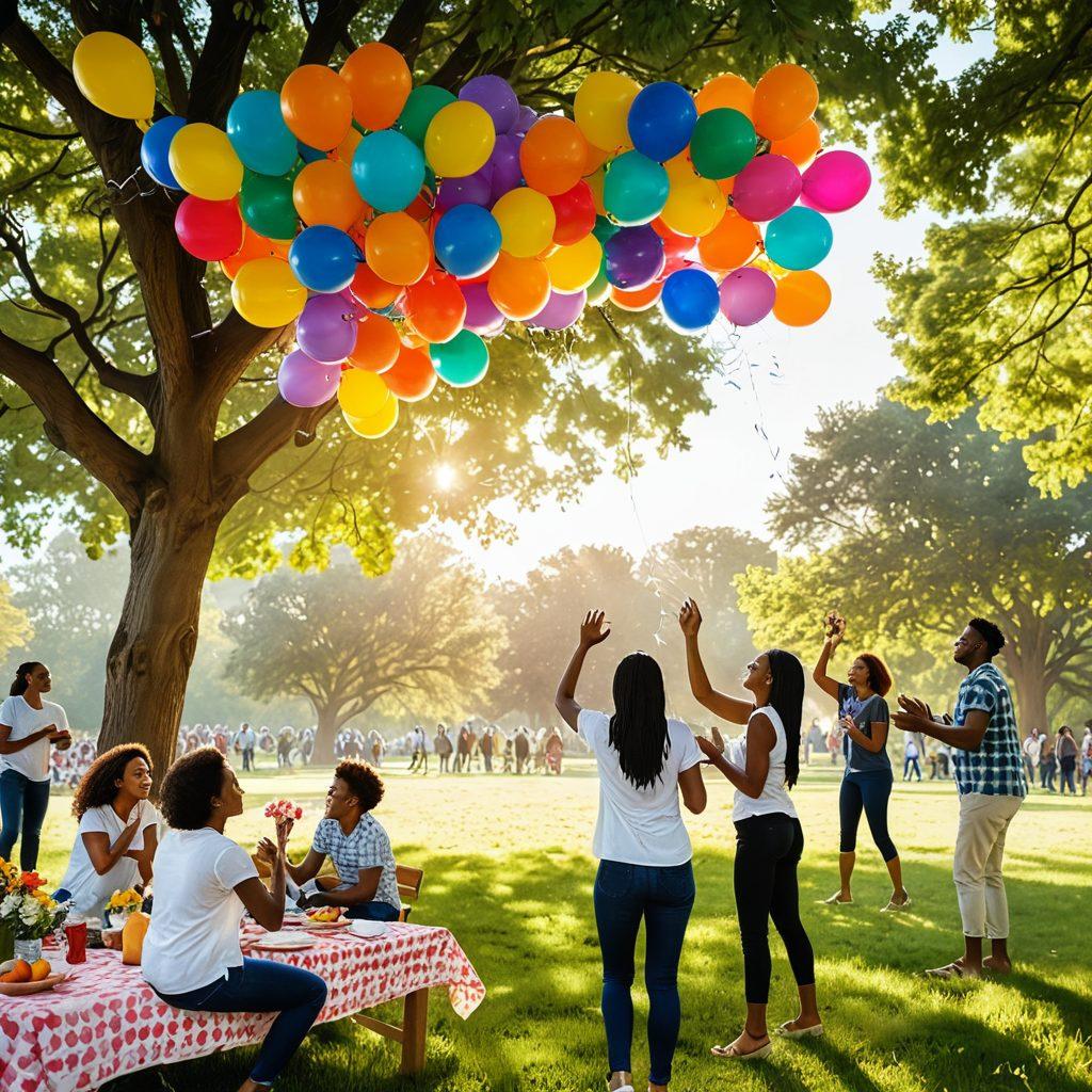 A serene park scene where a diverse group of people are engaged in joyful activities such as laughing, sharing food, and supporting each other. Colorful flowers and greenery surround them, symbolizing growth and positivity. Include uplifting elements like floating balloons and sun rays breaking through the trees, creating a warm and inviting atmosphere. The image should evoke feelings of happiness and community. vibrant colors. super-realistic.