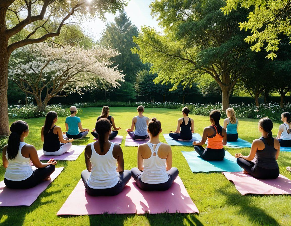 A serene scene showcasing a diverse group of people meditating together in a sunlit park, surrounded by blooming flowers and lush greenery. Vibrant energy radiates from their expressions, showcasing joy and connection. Include elements like yoga mats, mindfulness journals, and inspirational quotes floating around them. Capture the essence of community and motivation in a harmonious, peaceful atmosphere. super-realistic. vibrant colors. natural setting.